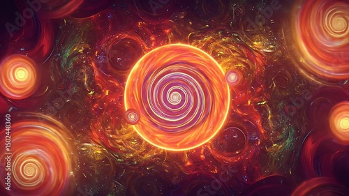 Abstract Spirals Spinning Glowing Orbs in Deep Space Background