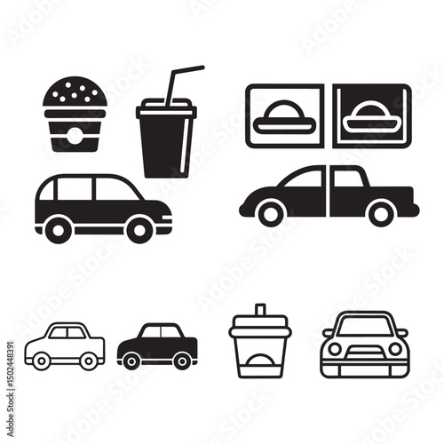 Fast Food Drive-Thru Icons Car, Burger, Drink, and Restaurant Symbols