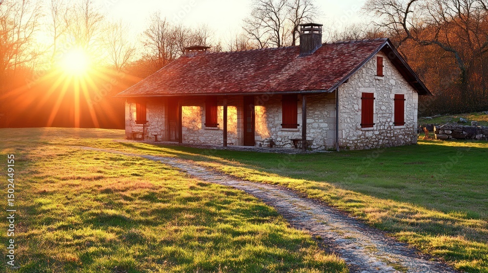 Stone house at sunset, path leading to it, sun rays
