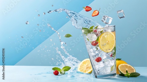 Glass with Ice, Lemon, and Fruit Splash on Blue Background photo