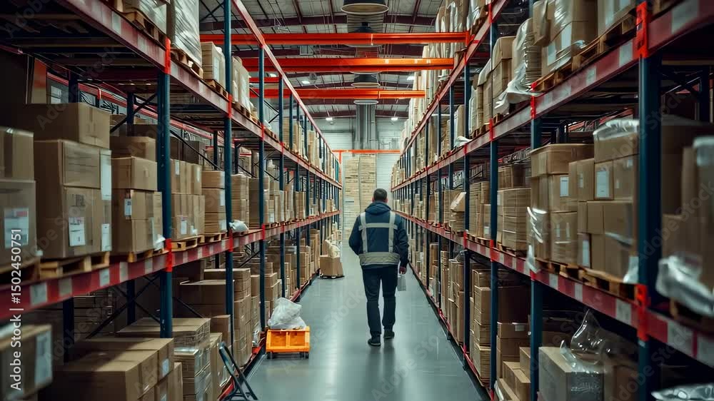 Warehouse worker walking through aisle of boxes with cart in distribution center Warehouse worker walking through aisle of boxes with cart in distribution center