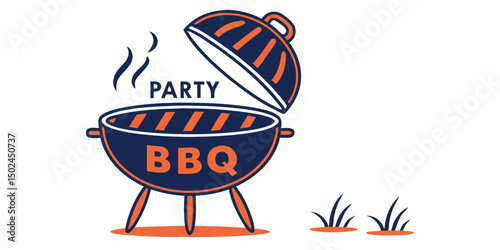Bbq party grill illustration with text and grass elements on a white background