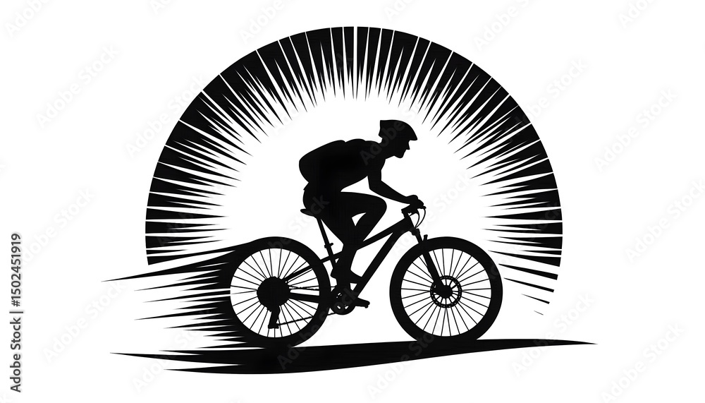 Fototapeta premium Monochrome flat vector illustration showing cyclist in dynamic pose with blank area for text on white background