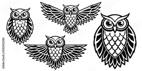 Detailed black and white owl illustrations collection suitable for various design projects