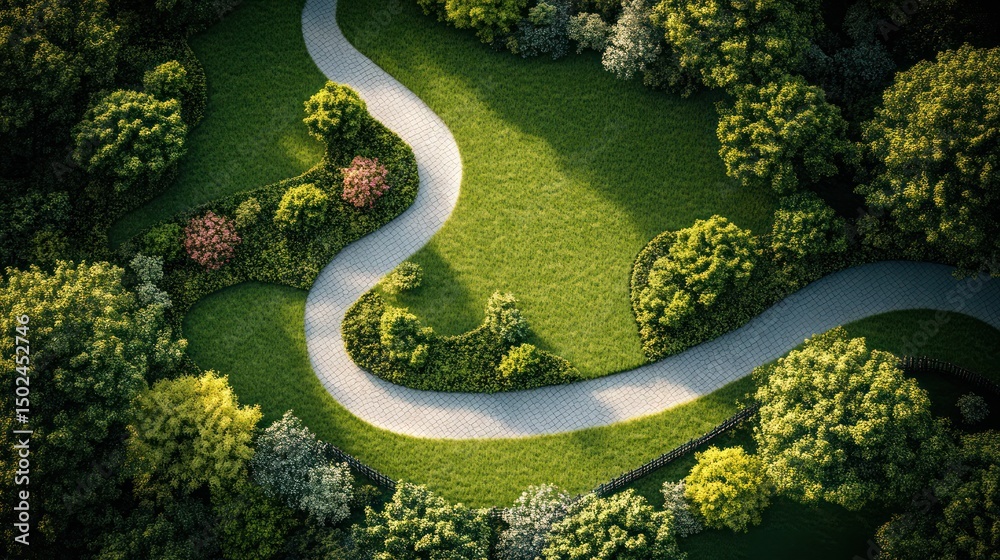 Serpentine path winds through lush green park, sunlight illuminating grassy expanse