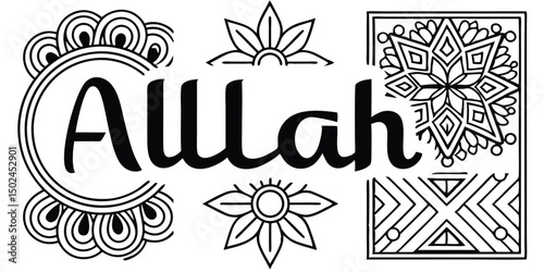 Elegant black and white allah calligraphy with decorative floral and geometric elements