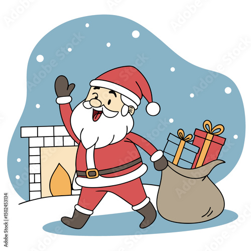 Santa Claus delivering the Christmas presents next to a fireplace