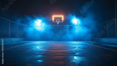 Moody basketball court at night illuminated by neon lights and fog effect