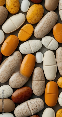 Assorted pills and capsules in various colors, including white, orange, and tan, lie scattered on a dark surface