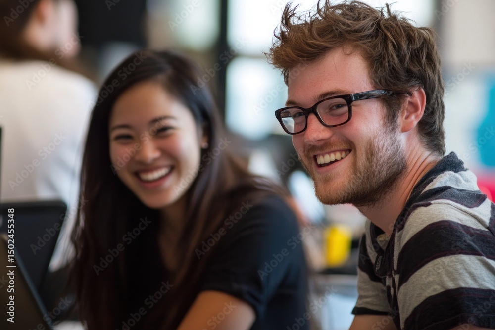 smiling colleagues exchanging ideas and collaborating at work smiling colleagues exchanging ideas and collaborating at work