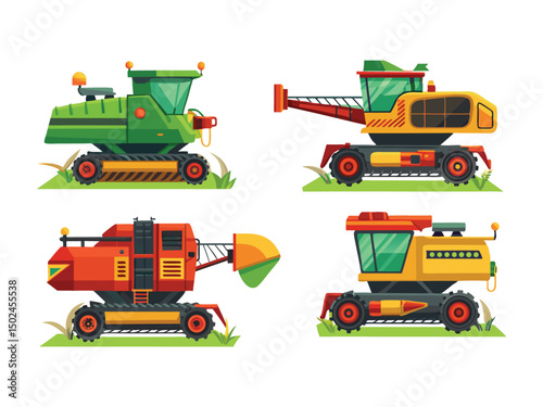 Four modern combine harvesters farm equipment illustration
