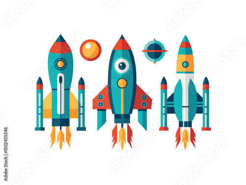 Three colorful rockets launching into space flat design

