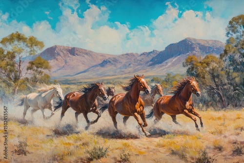 Wild horses galloping across a sun-drenched landscape
