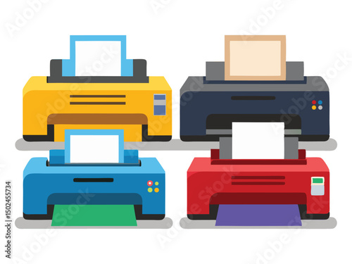 Four colorful inkjet printers printing documents
