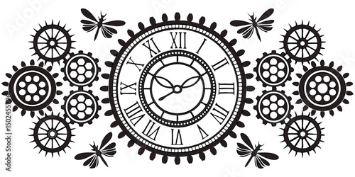 Steampunk timepiece with gears and dragonfly silhouettes on a transparent background