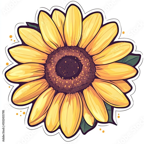 Vibrant yellow sunflower with detailed petals and center.  Darker hues accentuate the flower's center and leaves