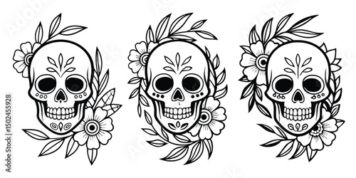 Three intricate sugar skulls adorned with floral elements in black and white