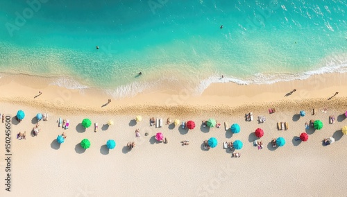 High-angle view of a crowded beach with colorful umbrellas and sunbathers