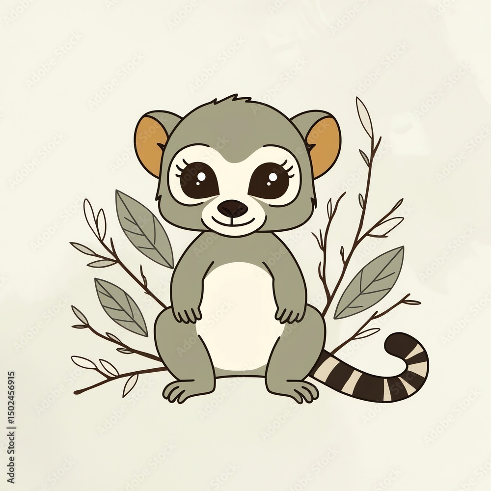 Fototapeta premium Adorable Lemur Illustration: A Cute Cartoon Lemur Sitting Amongst Branches and Leaves