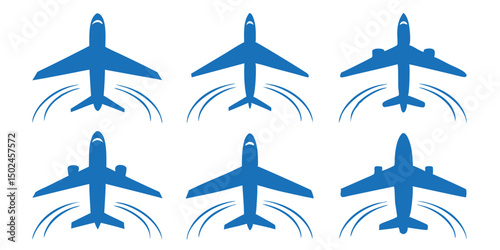 Blue airplane silhouettes in different styles demonstrating air travel and transportation