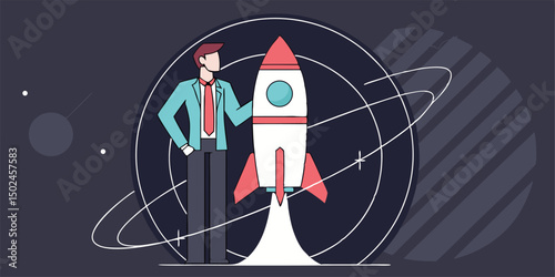 Businessman stands beside rocket ready for launch representing success and innovation