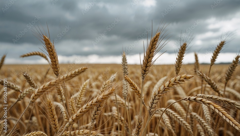 Fototapeta premium A close up view of a wheat field with a cloudy sky in the background on a sunny day in the countryside