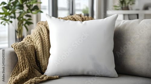 White Square Pillow Mockup on Sofa: A pristine white square pillow rests on a grey sofa, accompanied by a cozy mustard-yellow knitted throw, perfect for showcasing your design or branding.