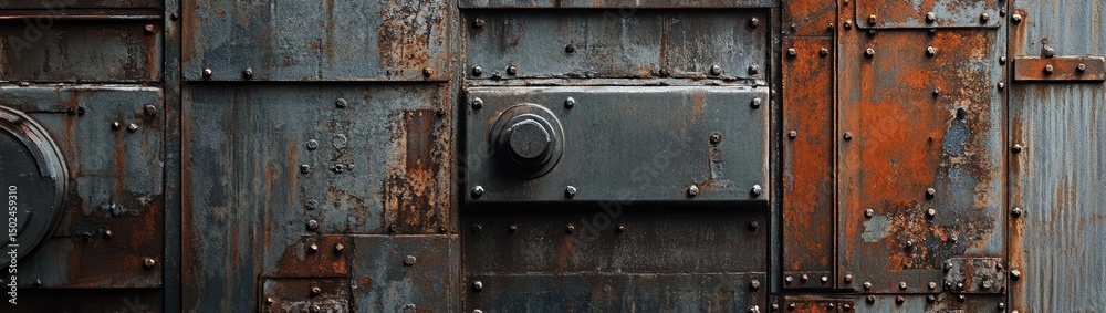 Fototapeta premium A weathered metal surface with a circular detail and a rectangular panel