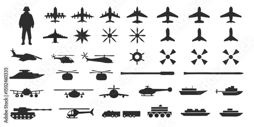 Silhouette icons of military vehicles airplanes helicopters and soldier in eps 10 format