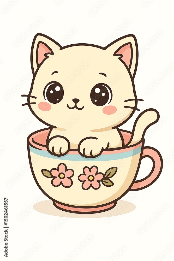 Cute Kawaii Cartoon Cat Sitting in a Pastel Teacup Cute Kawaii Cartoon Cat Sitting in a Pastel Teacup