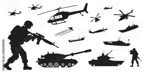 Silhouettes of military equipment including soldiers aircraft and armored vehicles royalty free