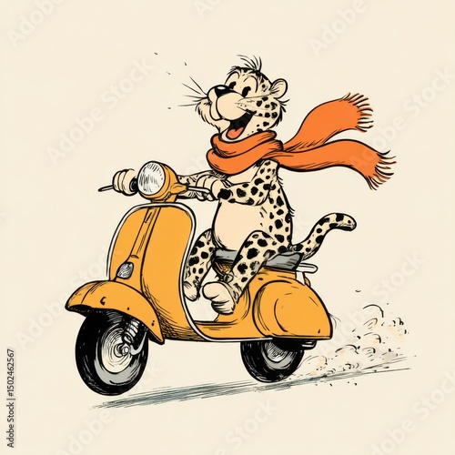 Whimsical Vintage Cheetah Mascot Riding Scooter - Retro Fast Cartoon Character in Yellow Ink on Off-White Background