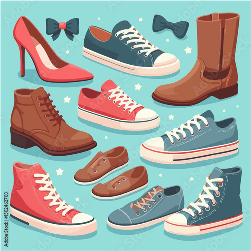 Vector design of various types of shoes: high heels, sneakers, boots, and loafers.