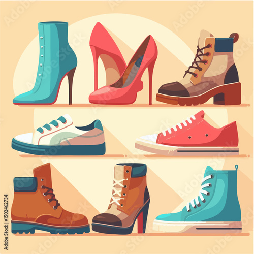 Vector design of various types of shoes: high heels, sneakers, boots, and loafers.