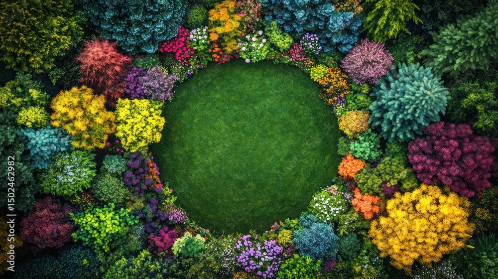 Colorful garden circle from above. Lush greenery and vibrant blooms surround a grassy center