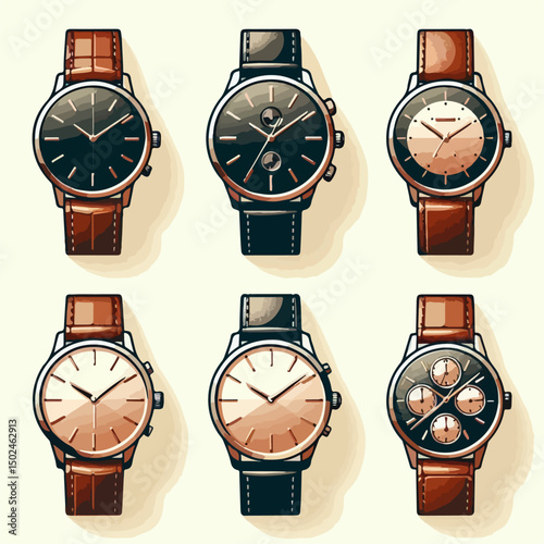 Illustration of an elegant wristwatch with metal and leather details.