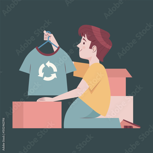 Man holding a recycled t-shirt with clothes ready to be donated illustration in isolated background