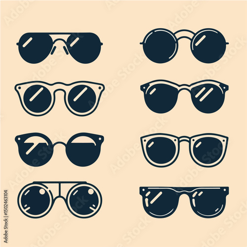 Vector image of sunglasses in various shapes: aviator, round, cat eye, and square.