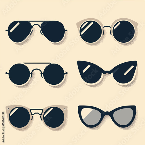 Vector image of sunglasses in various shapes: aviator, round, cat eye, and square.