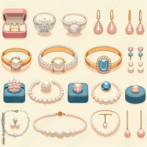 Various jewelry in vector: diamond rings, earrings, pearl necklaces, and gold bracelets.