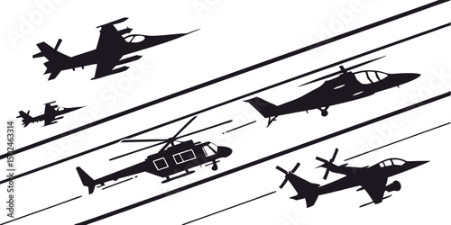 Silhouetted military aircraft in flight including helicopters on a white background