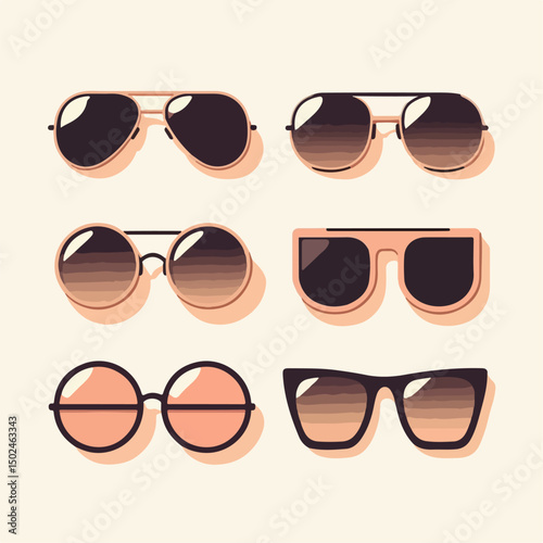 Vector image of sunglasses in various shapes: aviator, round, cat eye, and square.