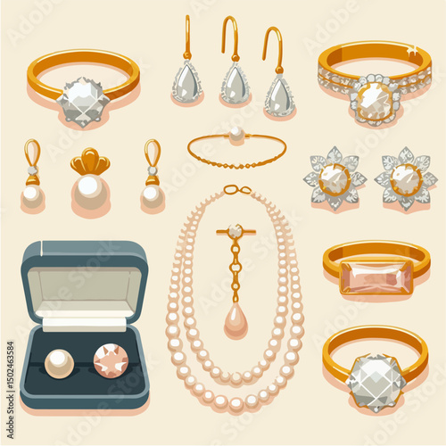 Various jewelry in vector: diamond rings, earrings, pearl necklaces, and gold bracelets.