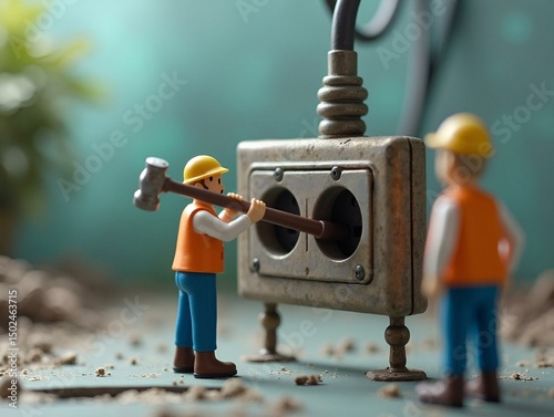 A worker with a hammer in a power socket, miniature figures scene