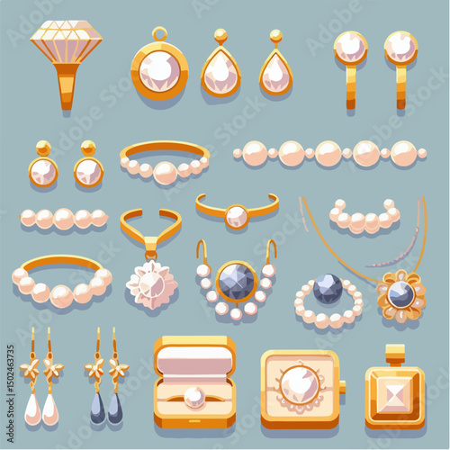 Various jewelry in vector: diamond rings, earrings, pearl necklaces, and gold bracelets.