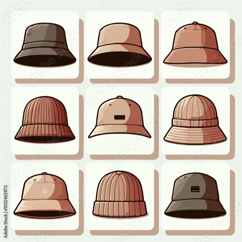 Fashion hat vector set: fedora, beanie, bucket hat, and baseball cap.