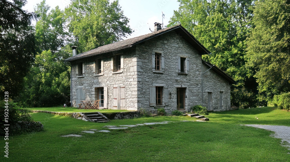 Stone house nestled in lush greenery, featuring stone steps and shutters