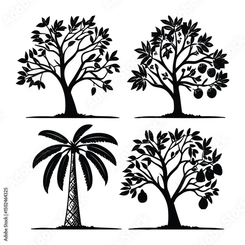Collection of bare winter tree silhouettes with branches, Tropical beach nature vector illustration, perfect for nature and forest landscape designs, with black palm tree silhouettes