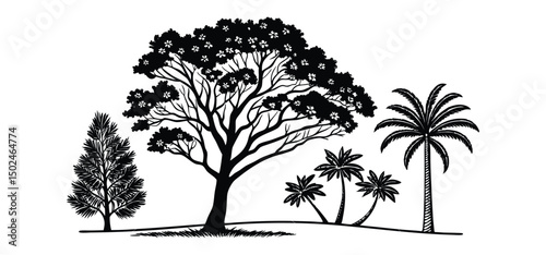 Collection of bare winter tree silhouettes with branches, Tropical beach nature vector illustration, perfect for nature and forest landscape designs, with black palm tree silhouettes