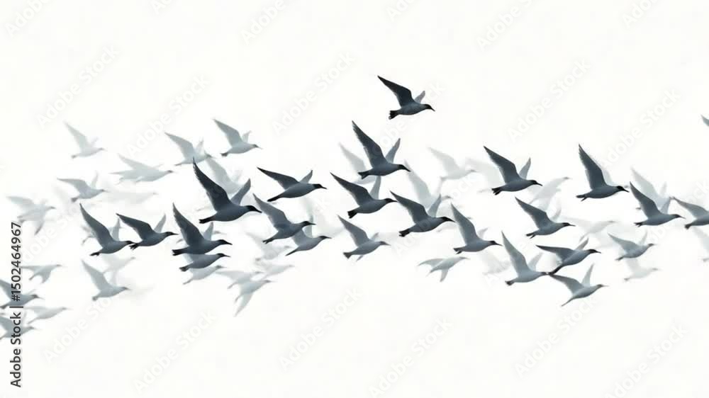 Flock of flying birds with abstract minimalist grayscale silhouettes, monochrome bird migration and simplified flight patterns in modern avian art design, video download